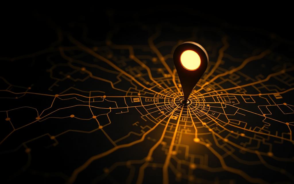 Marcador de mapa iluminado sobre una ciudad